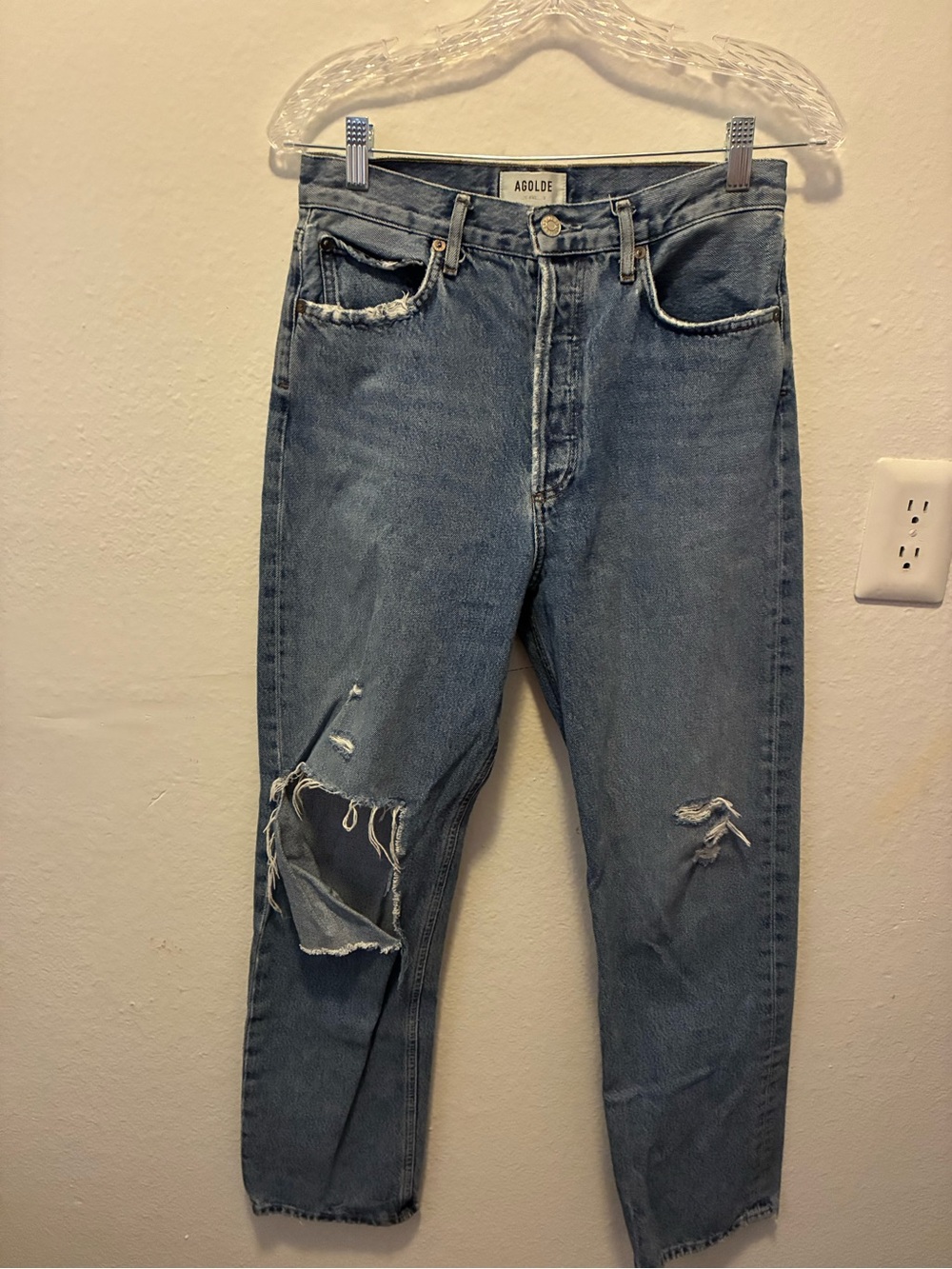 Agolde Light Blue Distressed Straight-Leg Jeans
